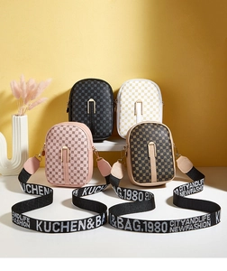 Detailed display of four mini crossbody bags in black, beige, pink and brown with monogram