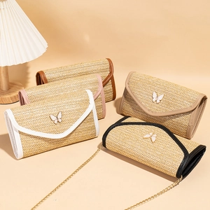 Women Straw Woven Crossbody Bag Butterfly Metal Buckle Chain Shoulder Strap Small Square Envelope Handbag Summer Casual