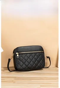 Detail of black quilted crossbody camera bag with gold zipper and faux leather texture