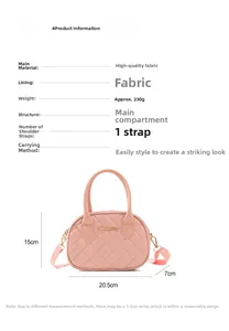 Pink quilted crossbody bag detail showing 20.5x15x7cm dimensions and golden hardware