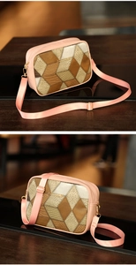 Close-up of geometric color-block patterns and texture on this small crossbody bag