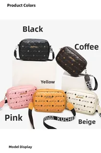 Detail of quilted camera bags with letter print straps in black, brown, and pastel colors