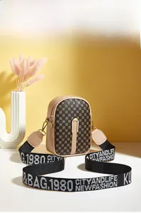 Close-up of printed mini crossbody bag with wide woven strap and golden zipper details