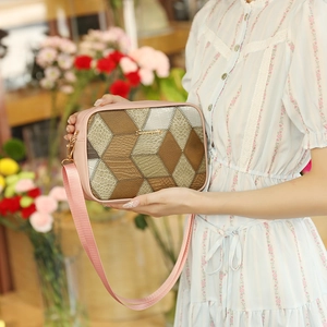 Chic geometric patchwork crossbody camera bag with pink strap and crocodile texture leather