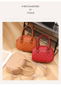 Three quilted luxury handbags in red, orange, and beige with gold logo and shoulder strap