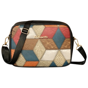 Multicolor geometric patchwork crossbody bag with crocodile texture and wide strap