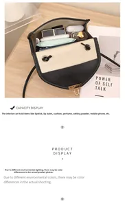 Detail view of contrast leather crossbody bag showing internal capacity for daily essentials