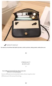 Top view of color-block crossbody bag capacity showing phone and makeup inside