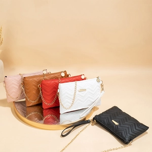Women PU Leather Crossbody Bag V Quilted Envelope Clutch With Gold Chain Strap And Wristlet Small Square Chic Bag