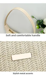 Close-up of beige woven texture bag with golden metal plate and faux leather handle