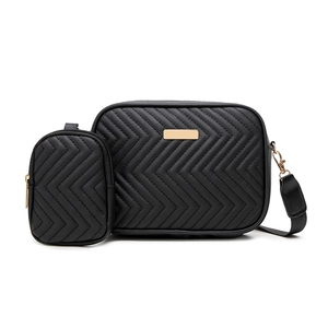 Chic black chevron quilted camera bag set with gold hardware and small coin purse