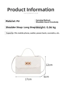 Detailed size chart showing 17x12x6cm dimensions for the white quilted crossbody bag