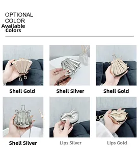 Close-up of evening bags in scallop, shell, and lip shapes in gold and silver finishes