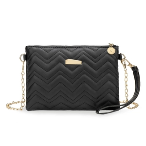 Chic black quilted crossbody bag with gold chain strap and geometric metal hardware