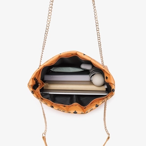 Large capacity orange printed tote bag with metal chain strap showing spacious interior