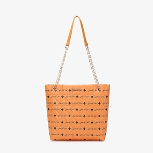 Quilted tote bag in orange and brown with Luck For You print and chain strap