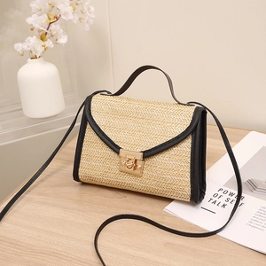 Woven Straw Crossbody Bag With PU Leather Piping And Metal Lock Vacation Casual Small Handbag For Women