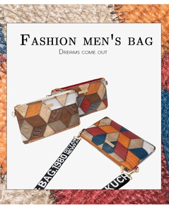 Detail of fashion men's envelope bag with geometric patchwork and lettered strap