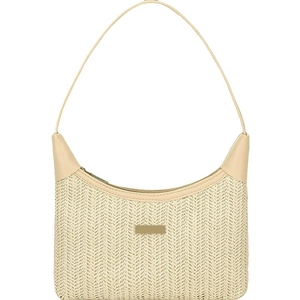 Chic woven half-moon underarm bag with beige straw texture and gold metal plaque detail
