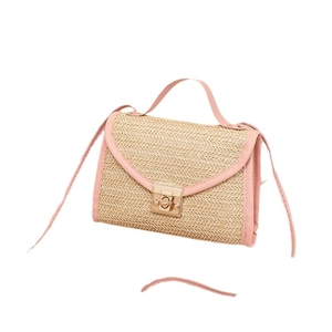 Minimalist straw handbag with pink leather trim and golden lock in square shape