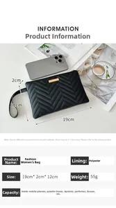 Black chevron quilted clutch bag showing dimensions 19cm x 2cm x 12cm for essentials