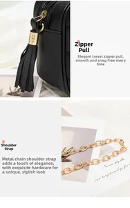 Detailed view of golden tassel zipper and elegant chain strap on quilted crossbody bag