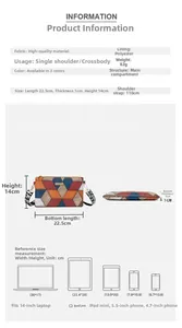 Detailed spec sheet showing small geometric crossbody bag dimensions 22.5x1x14cm and strap