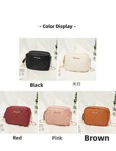 Quilted crossbody bags with chain straps in five colors: black, white, red, pink, and brown