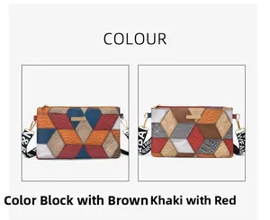 Detail of color-block crossbody bags with faux crocodile texture and printed strap