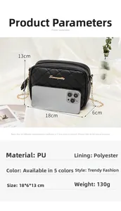 Close-up of black quilted crossbody bag with tassel detail and 18x6x13cm size guide