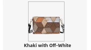 Detail of khaki and cream leather patchwork crossbody bag with branded wide shoulder strap