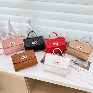 Women Quilted Rhombus PU Leather Crossbody Bag Small Square Handbag With Golden Lock And Top Handle Elegant Classic