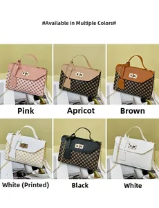 Detailed grid showing six stylish PU handbags in pink, apricot, brown, and patterned white