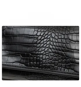 Detail showing high-quality black crocodile embossed faux leather with neat stitching