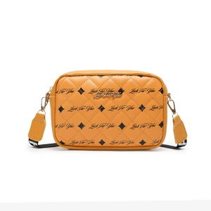 Yellow quilted small square bag with Luck For You print and metal hardware detailing