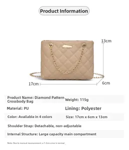 Size guide for quilted crossbody bag with measurements 17x6x13cm and PU material details