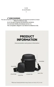 Detailed dimension guide for black quilted crossbody bag set with measurements