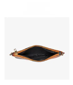 Top view of compact crossbody bag showing interior lining and smooth metal zipper detail