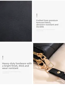 Detail of black pebbled leather wallet featuring dual zippers and durable gold hardware
