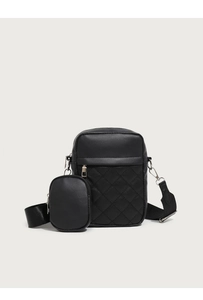 Close-up of black quilted leather vertical crossbody bag with wide strap and mini pouch