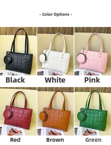 Collage of quilted tote bags with gold studs in black, white, pink, red, brown and green