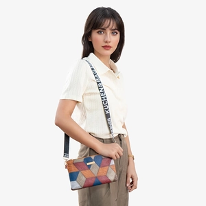 Women's small geometric crossbody bag with contrast color patchwork and wide letter strap
