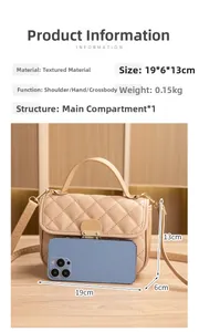 Quilted crossbody bag dimensions 19x6x13cm shown with smartphone for scale comparison