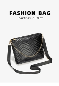 Detail of black crossbody bag with V-quilted texture and dual chain and fabric straps