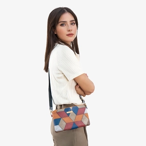 Women's minimalist color-block crossbody bag with geometric pattern and wide strap