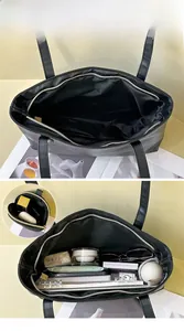Detail view of large capacity tote bag with multiple compartments for daily items