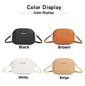 Color display of wave quilted crossbody camera bags in black, brown, white, and apricot