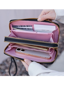 Close-up of double-zipper long wallet with multi-card slots and large capacity