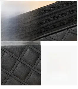 Detail of classic diamond quilted black leather bag with dual zipper and fine stitching
