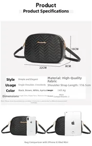 Detailed size chart and specifications of the wavy quilted crossbody bag in black finish